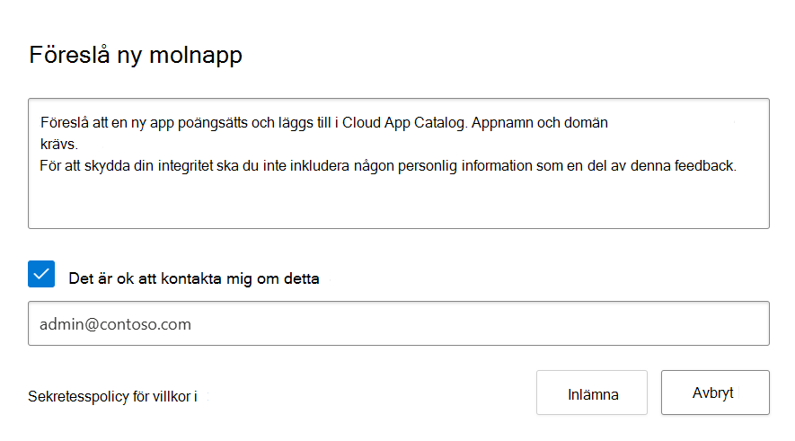 Skärmbild som visar popup-fönstret föreslå en ny app 