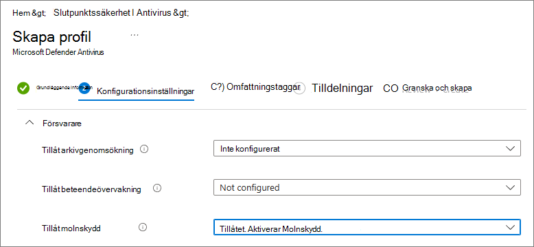 Skärmbild av cloud protection inställd på tillåten i Intune.