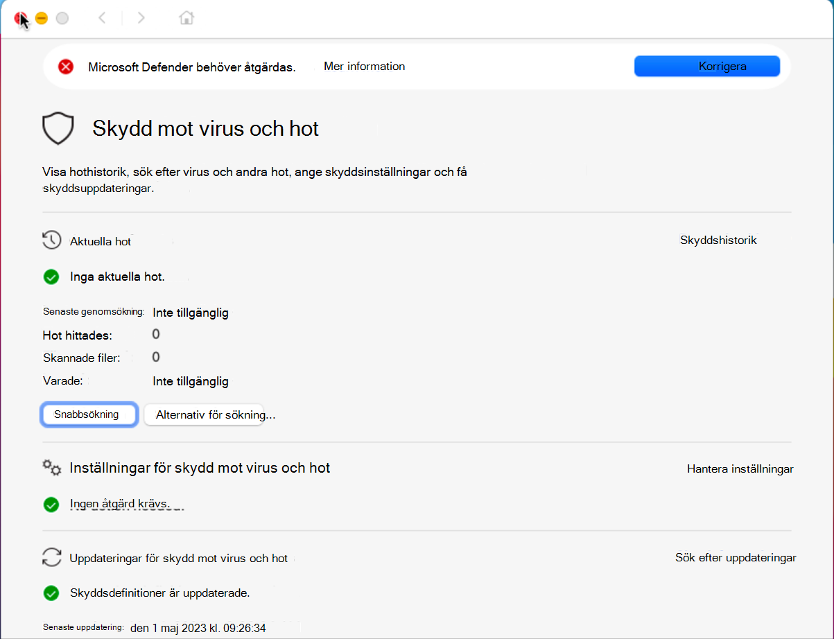 Skärmen som visas när du klickar på alternativet Åtgärd krävs.