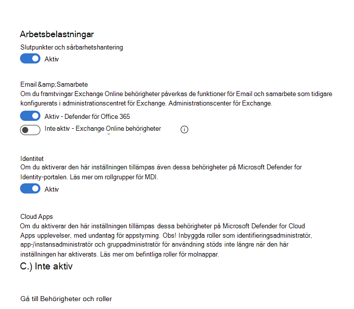 Skärmbild av sidan där du kan välja vilka arbetsbelastningar som ska aktiveras.
