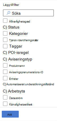 Alla filter som är tillgängliga i aviseringskön i Microsoft Defender-portalen