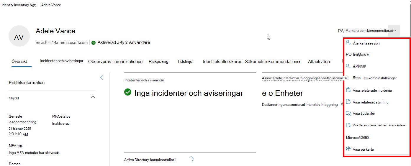 Skärmbild av identitetssidan med menyn identitetsåtgärder som visas.