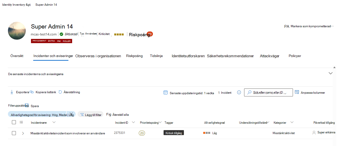 Skärmbild av fliken Incidenter och aviseringar på sidan Identitet i Microsoft Defender.