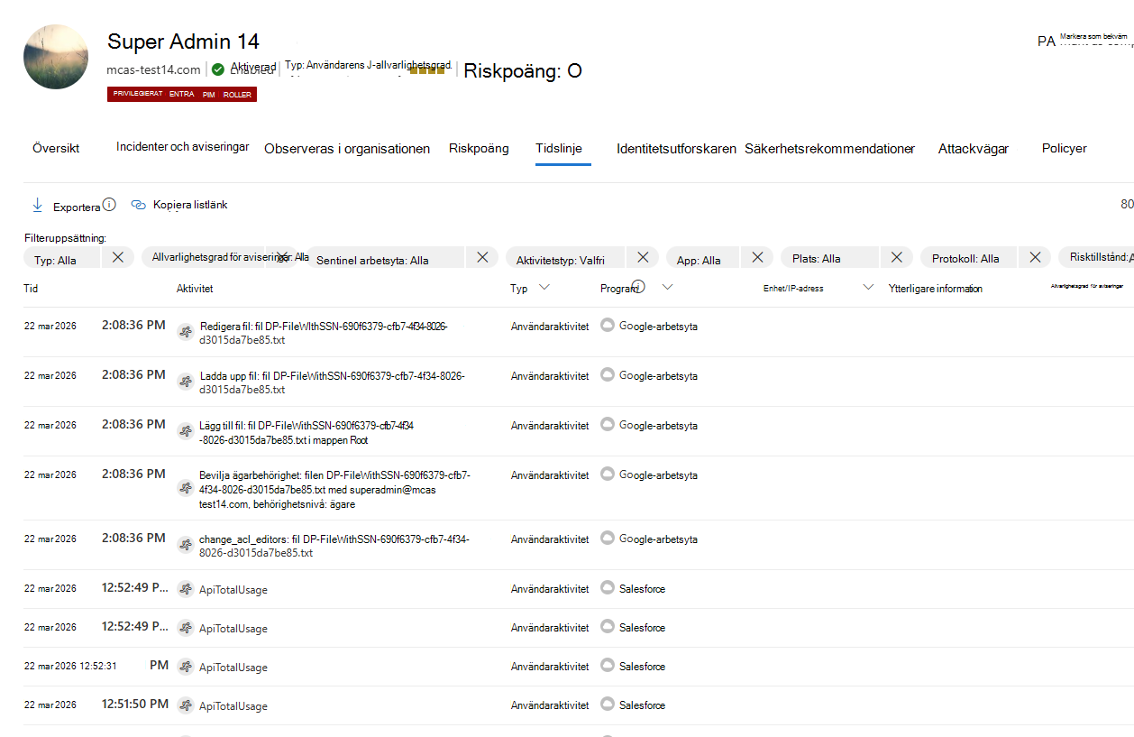 Skärmbild av fliken Tidslinje på sidan Identitet i Microsoft Defender.