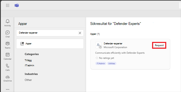 Skärmbild för att begära Defender Experts-appen i Microsoft Teams.