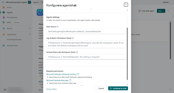 Bild av säkerhetsanalytikeragent – Konfigurera agentchatt