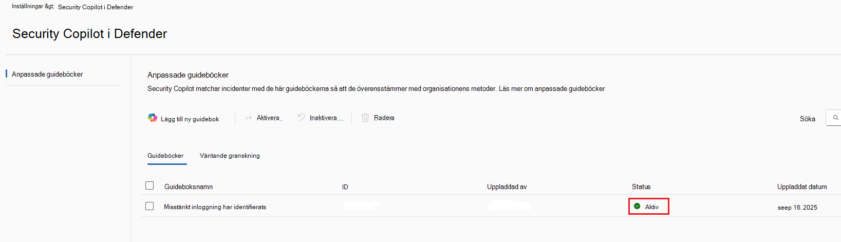 Skärmbild av fliken aktiva guideböcker.
