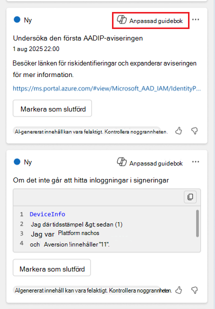 Skärmbild av föreslagna svar baserat på anpassade guideböcker.