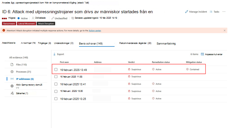 Markera en innesluten IP-adress på fliken Bevis och svar för en incident.