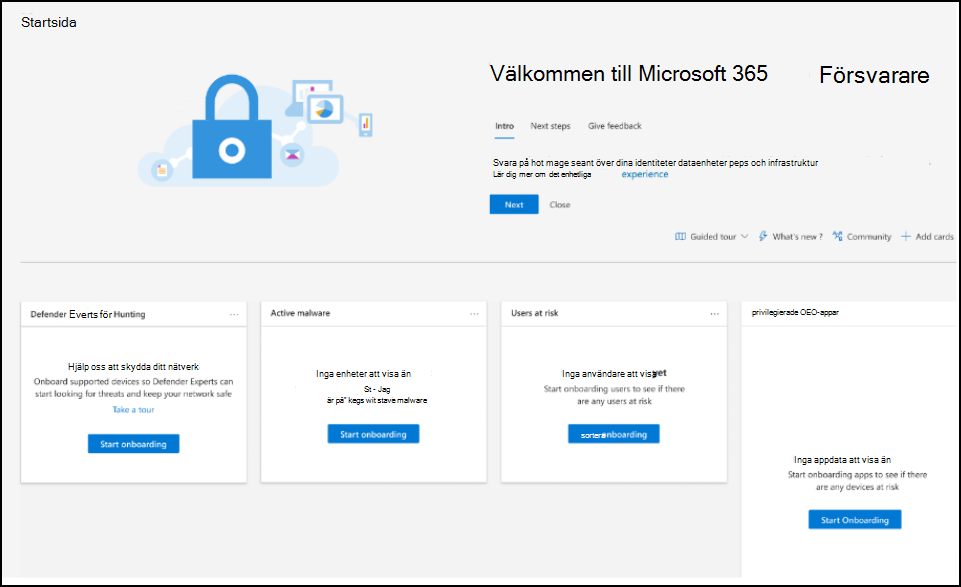 Skärmbild av välkomstsidan för Microsoft Defender XDR med ett kort för Defender Experts for Hunting-tjänsten.