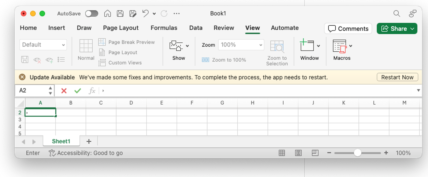 Interface of Microsoft Excel displaying an 'Update Available' notification indicating that some fixes and improvements are made, with a prompt to restart the app. The Excel workbook shown is named 'Book1' and the sheet 'Sheet1' is visible, currently blank with no data entered.