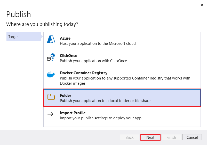 Välj ett publiceringsmål i Visual Studio