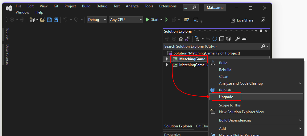 The .NET Upgrade Assistant's Upgrade menu item in Visual Studio.