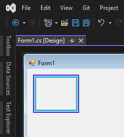 En anpassad kontroll som återges i Visual Studio. Kontrollen är en tom ruta med olika färger som gränsar till den. Varje färg är inset av en enda pixel.