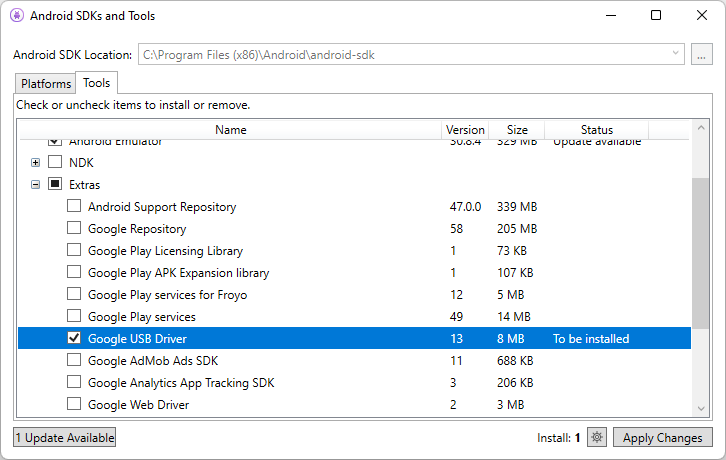 Android SDK Manager med Google USB-enhetsdrivrutinen vald.