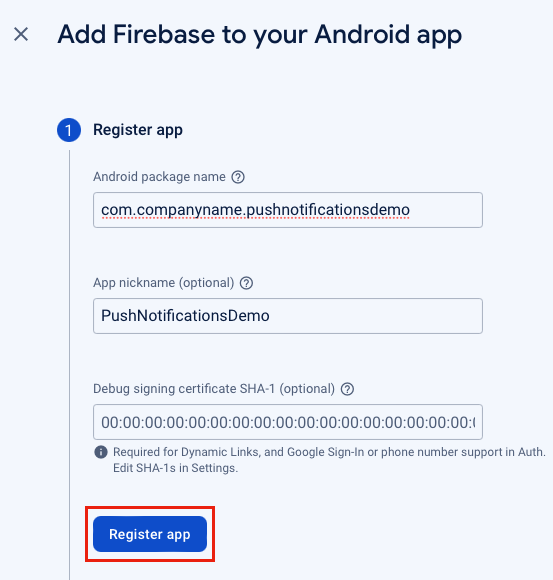 Skärmbild av registrering av din Android-app med Firebase.