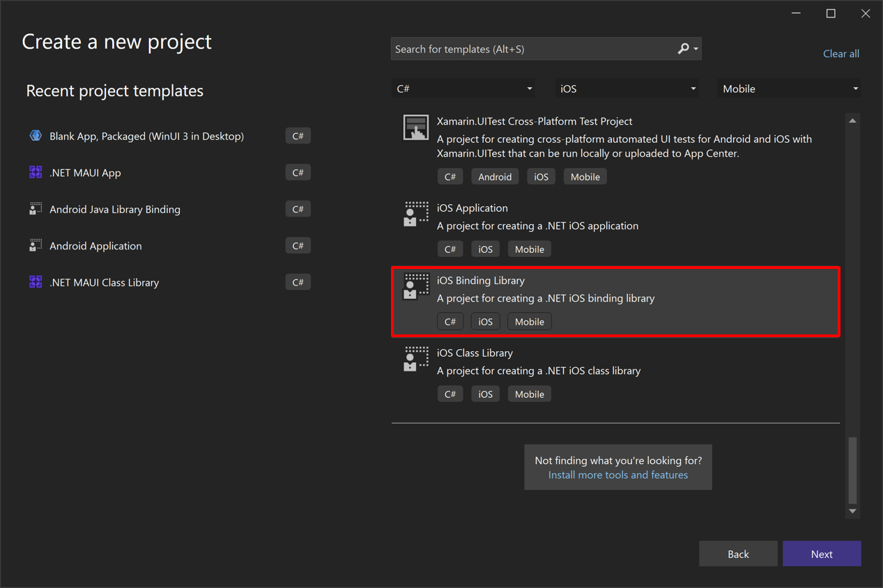 Skärmbild av hur du skapar ett iOS-bindningsbiblioteksprojekt i Visual Studio.