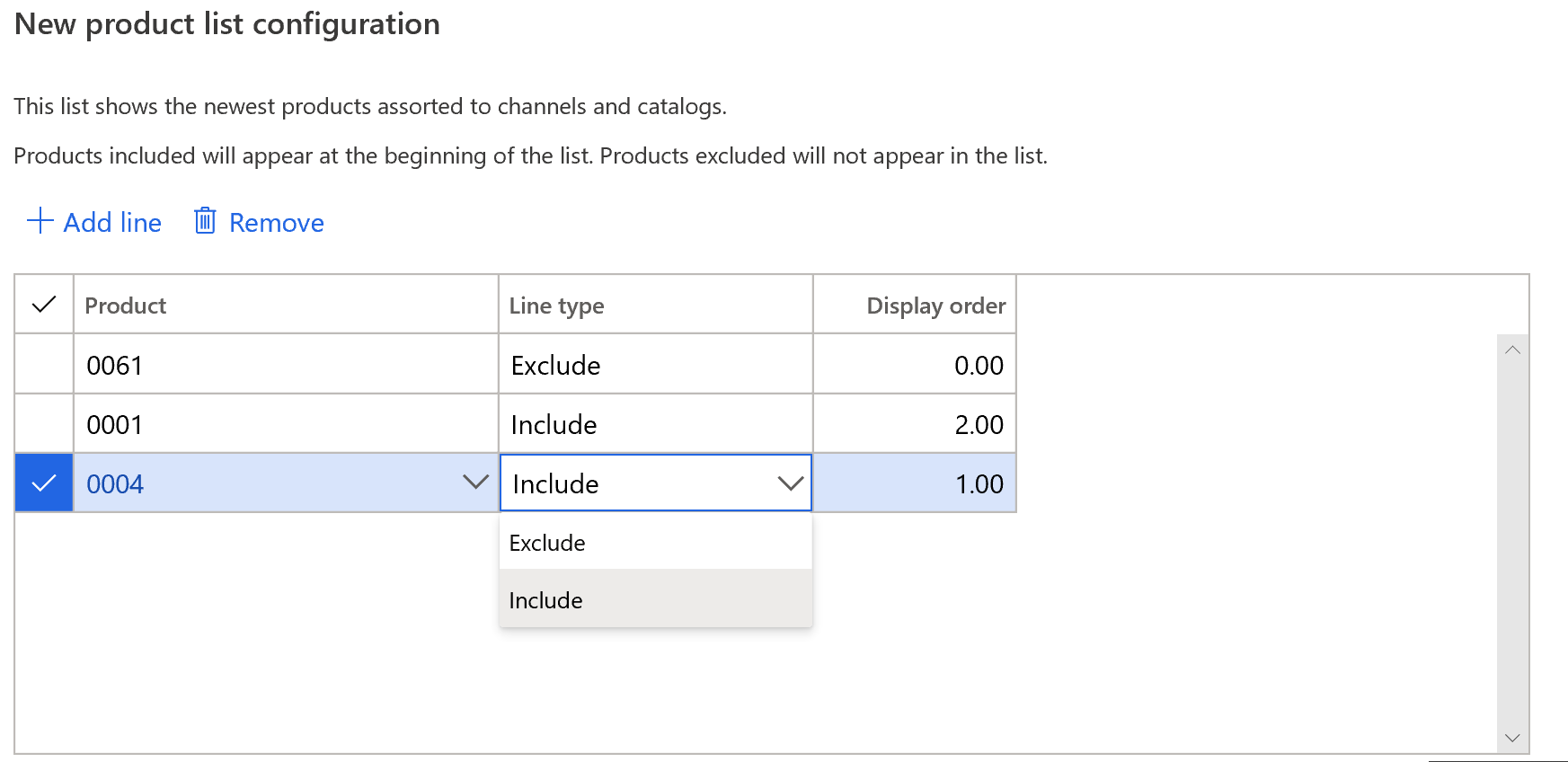 Exempel på inkludering eller uteslutning av en produkt från den nya produktlistan.