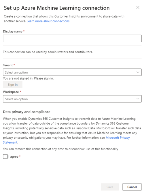 Skärmbild av anslutningssidan för Azure Machine Learning.