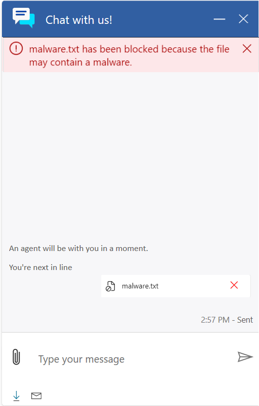 Skärmbild av meddelande som visas när kunder laddar upp skadliga filer via chatt.