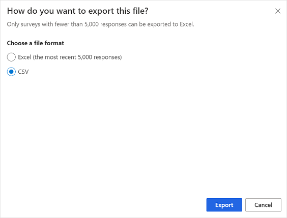 Välj ett filformat för export av undersökningssvar.