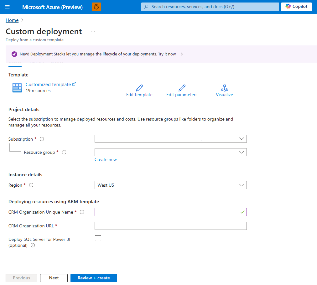 Skärmbild av Azure Resource Manager-mallen för att distribuera IoT-navet för Connected Field Service.