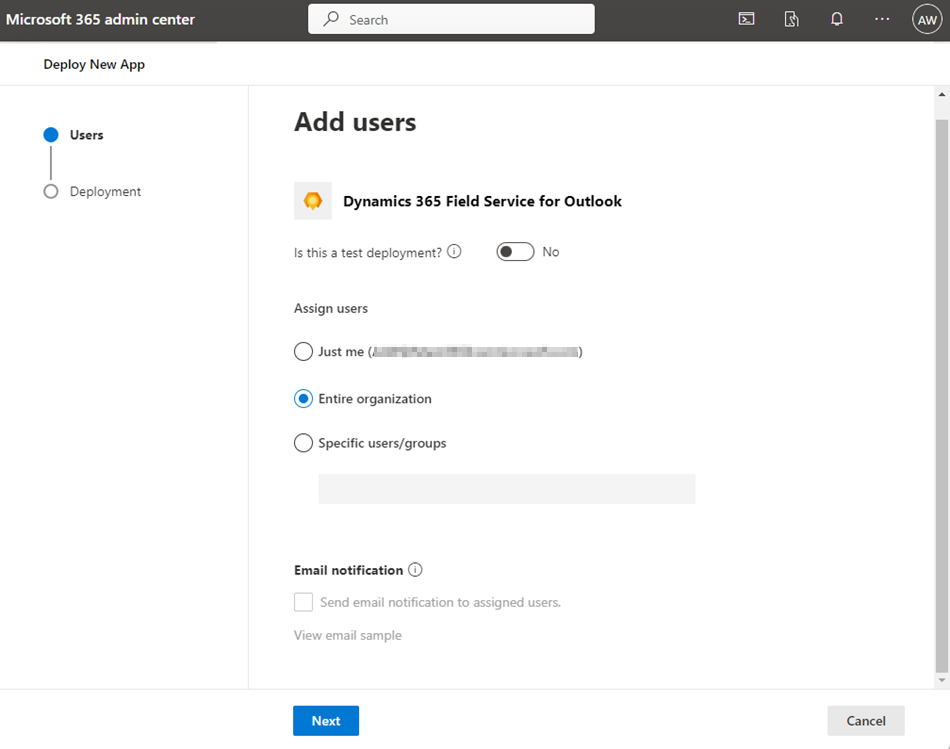 Field Service Outlook skärmbild på lägg till användare