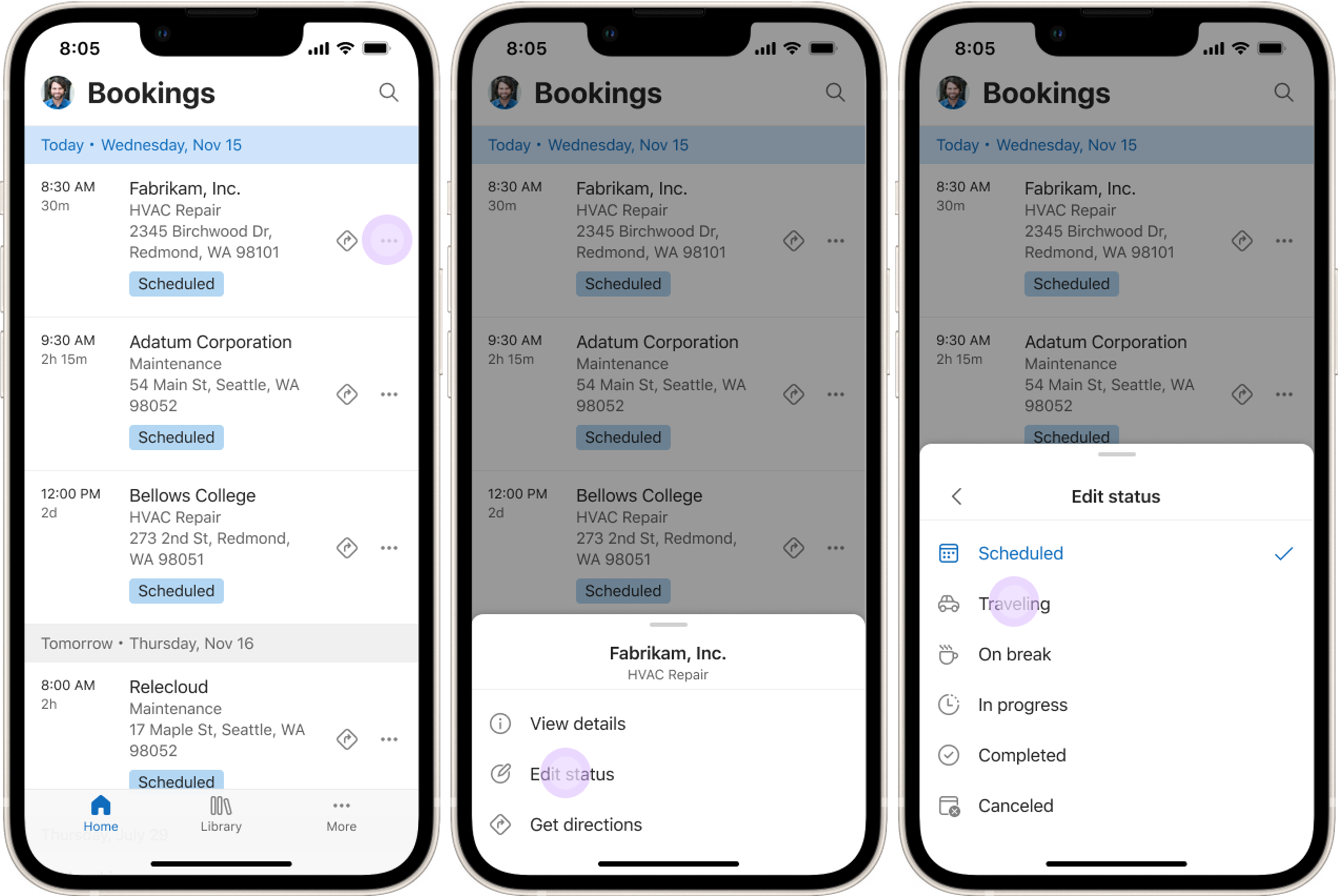 Återgivningar av tre mobila enheter som visar hur man ändrar en boknings status i Field Service Mobile-appen.