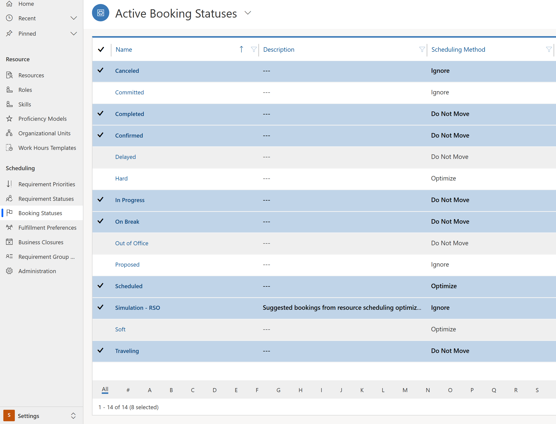 Skärmbild av en lista med bokningsstatus mappade till statusvärden för Resource Scheduling Optimization.