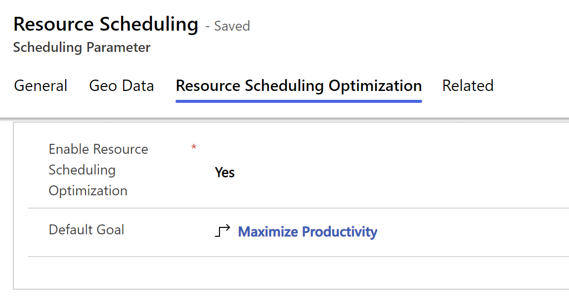 Skärmbild av fliken Resource Scheduling Optimization.