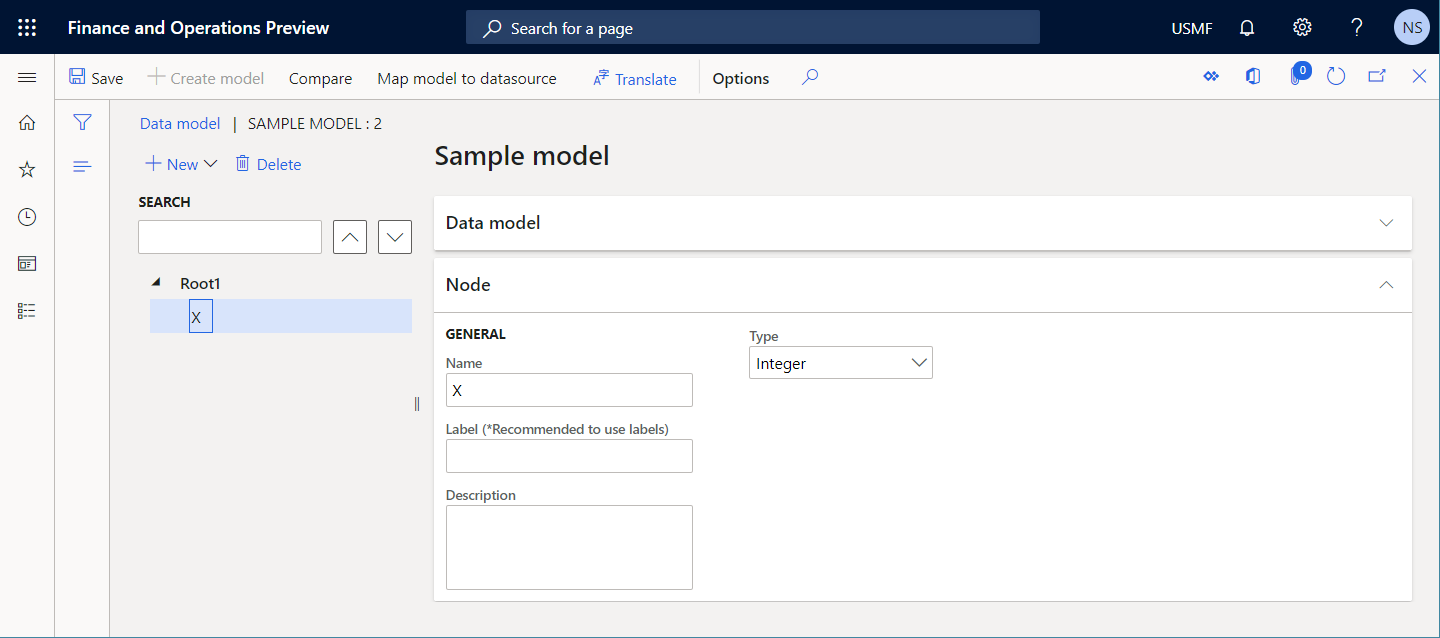 X-fält och datatypen Heltal lades till i datalägesträdet på sidan Datamodell.