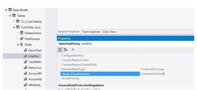 Solution explorer showing the AssetClassification field in the properties.