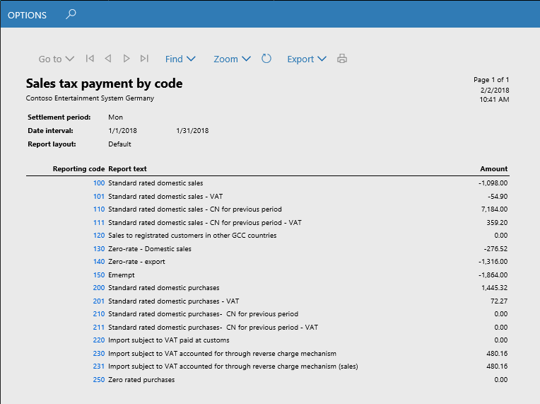 Example of the Sales tax payment by code report.
