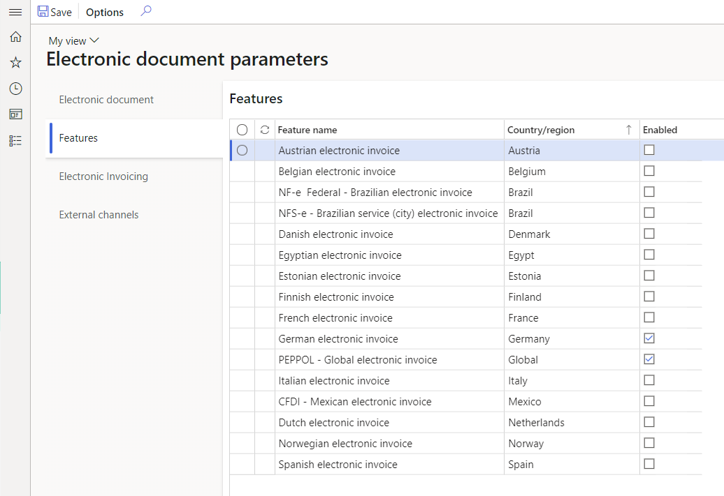 Fliken Funktioner på sidan Parametrar för elektroniskt dokument.