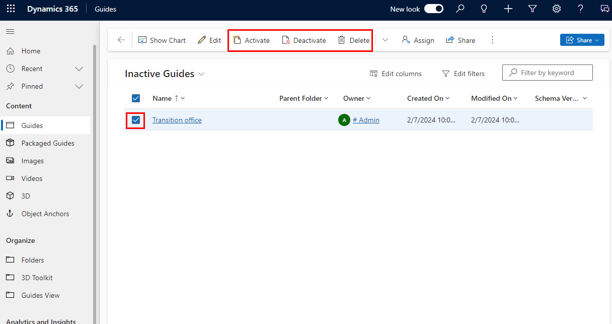Skärmbild som visar knapparna Aktivera, Inaktivera och Ta bort i den modellbaserade appen Guides.