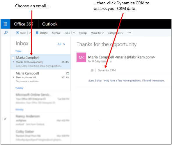 Välj en e-post och sedan Dynamics 365-appar Välj en e-post och sedan Dynamics 365-appar