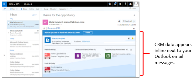 Dynamics 365 App for Outlook-skärmen visar infogade data Dynamics 365 App for Outlook-skärmen visar infogade data