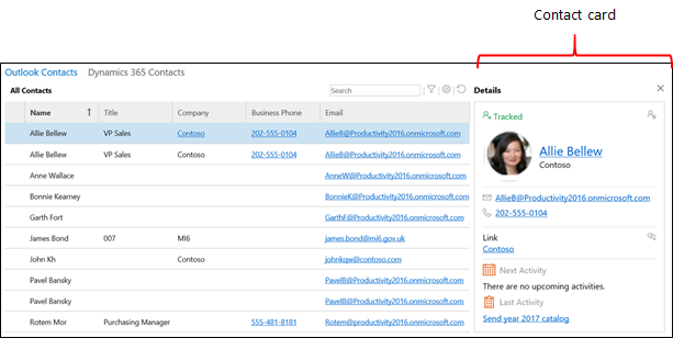 Kontaktkort för kontaktspårning för Dynamics 365 App for Outlook Kontaktkort för kontaktspårning för Dynamics 365 App for Outlook