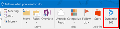 Menyfliksområdet Dynamics 365 App for Outlook Dynamics 365 App for Outlook menyfliksområde
