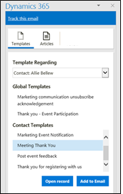Välj till en e-postmall i Dynamics 365 App for Outlook Välj till en e-postmall i Dynamics 365 App for Outlook