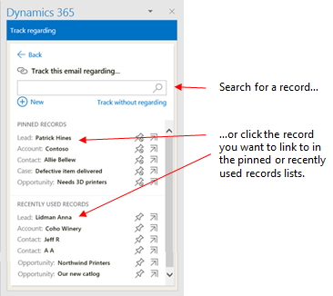 Spåra e-post i fönstret Dynamics 365 App för Outook Spåra e-post i fönstret Dynamics 365 App för Outook