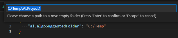 Den nya inställningen al.algoSuggestedFolder som ställer in standardmapp för nya AL-projekt i Visual Studio