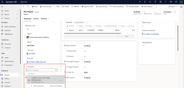 Visar fältet Företag i Offert i Dynamics 365 Sales