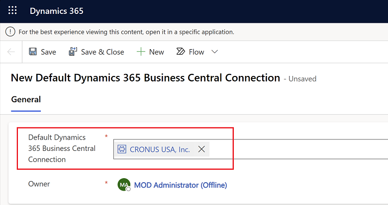 Visar sidan Standardanslutning för Business Central i Dynamics 365 Sales