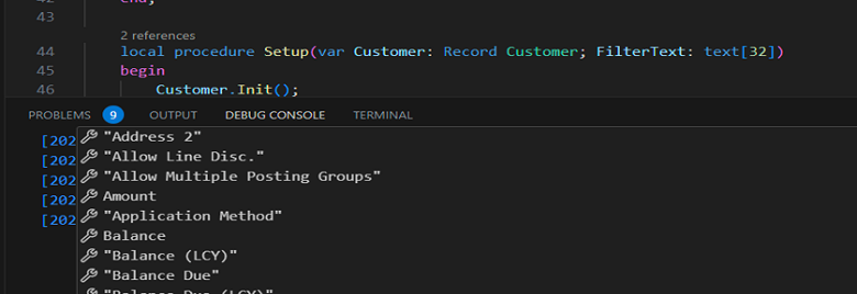 Använda IntelliSense för att lägga till och inspektera AL-variabler i Visual Studio Code-felsökningskonsolen