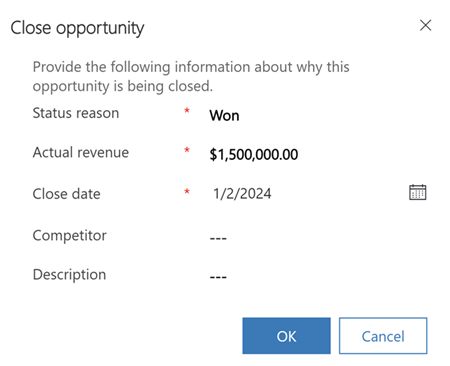Skärmbild av formuläret Stäng affärsmöjlighet som visas när du väljer Stäng som vunnen
