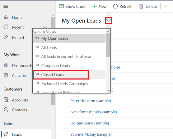 Visar stängda leads i Dynamics 365 Sales.