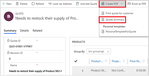 Skärmbild av ett offertformulär som visar knappen Skapa PDF i kommandofältet.