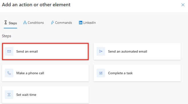 Skärmbild av att lägga till en e-postaktivitet under Ingen sökväg.
