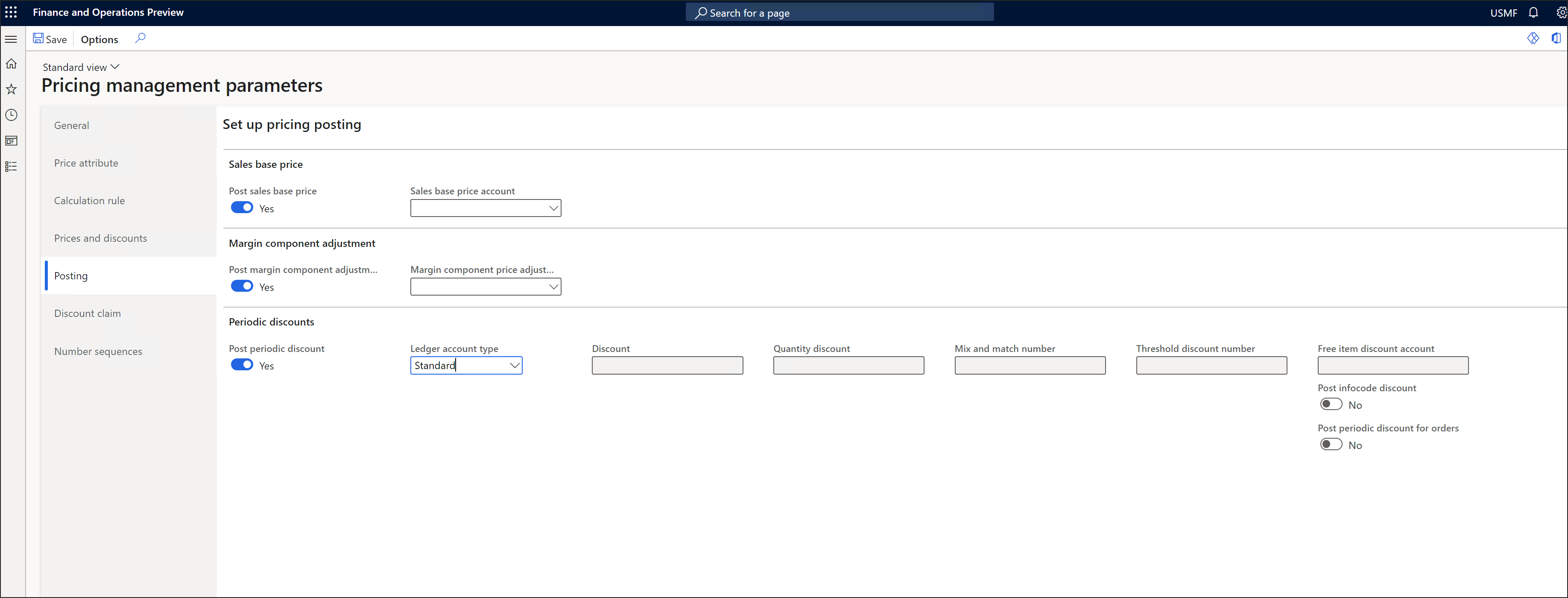 Posting tab of the Pricing management parameters page Posting tab of the Pricing management parameters page.